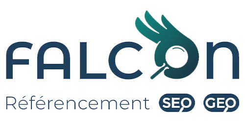 Texte Falcon intégrant l'icône et le sous-titre Référencement SEO et GEO